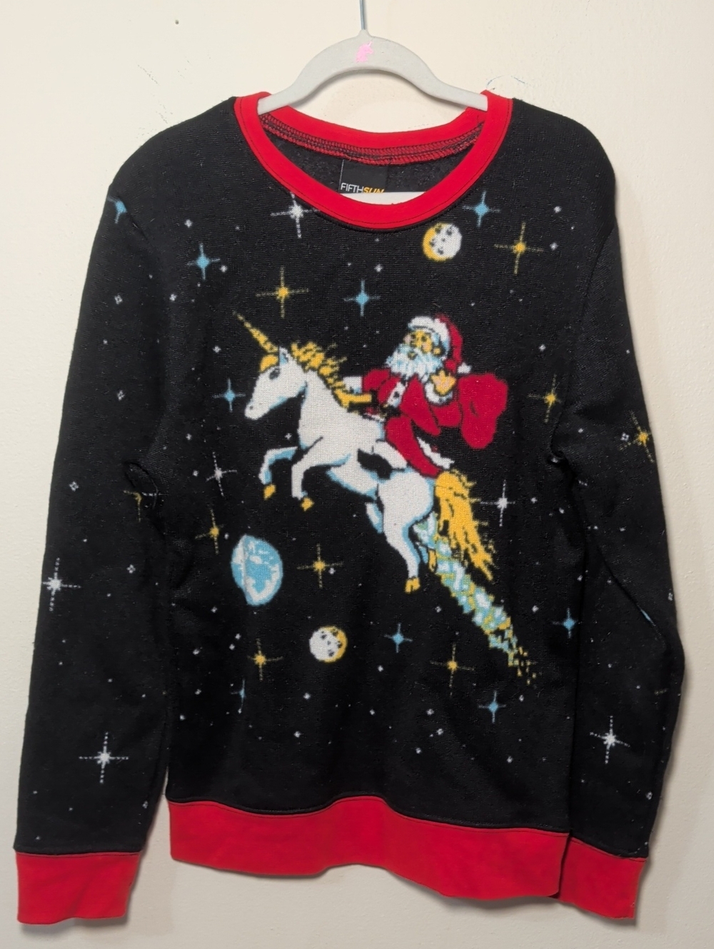 Fifth Sun Ugly Christmas Sweater Black Red Santa Riding a Unicorn Kids Size L